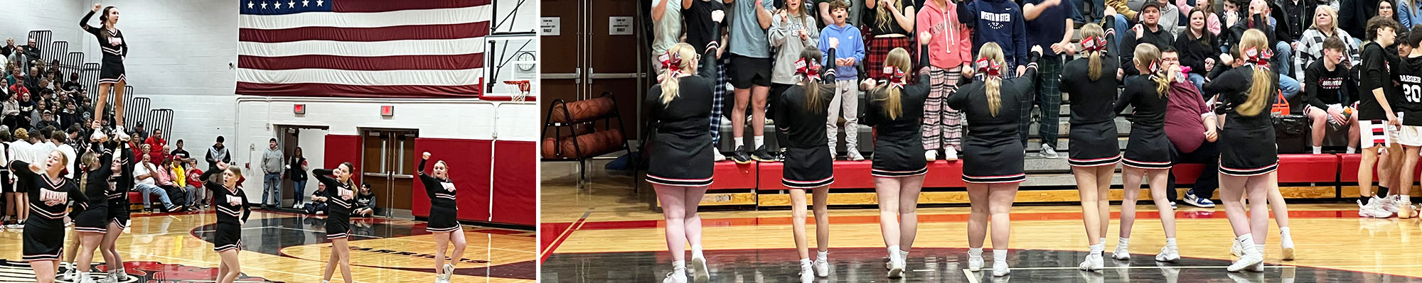 Cheer team performing in front of an audience in the gym
